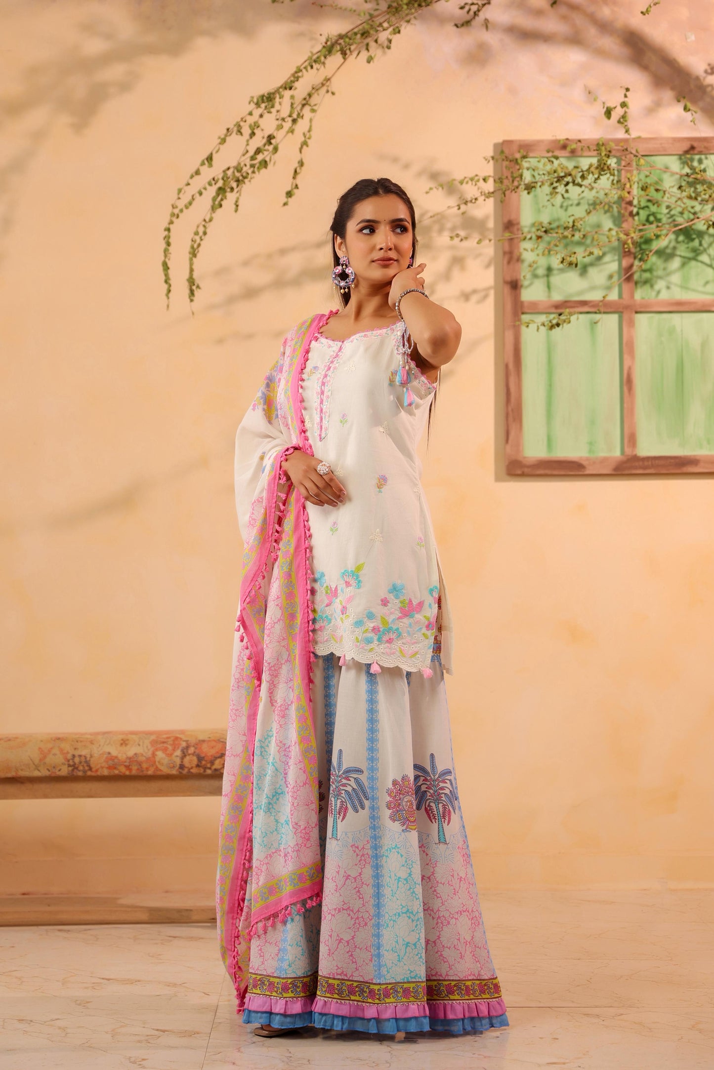 Pure Cotton Off-White & Blue Sharara 3 PC Set