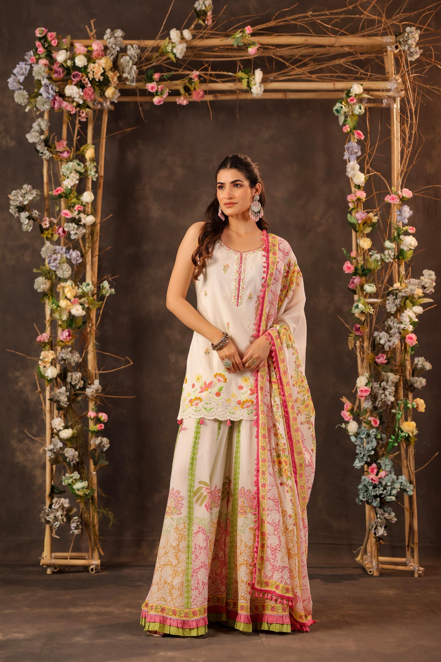 Pure Cotton Off-White & Green Sharara 3 PC Set