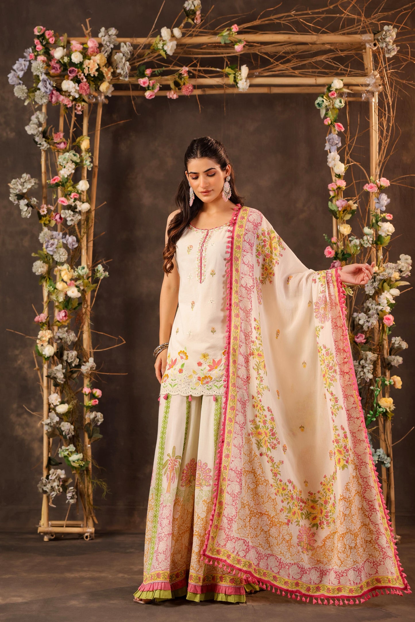 Pure Cotton Off-White & Green Sharara 3 PC Set