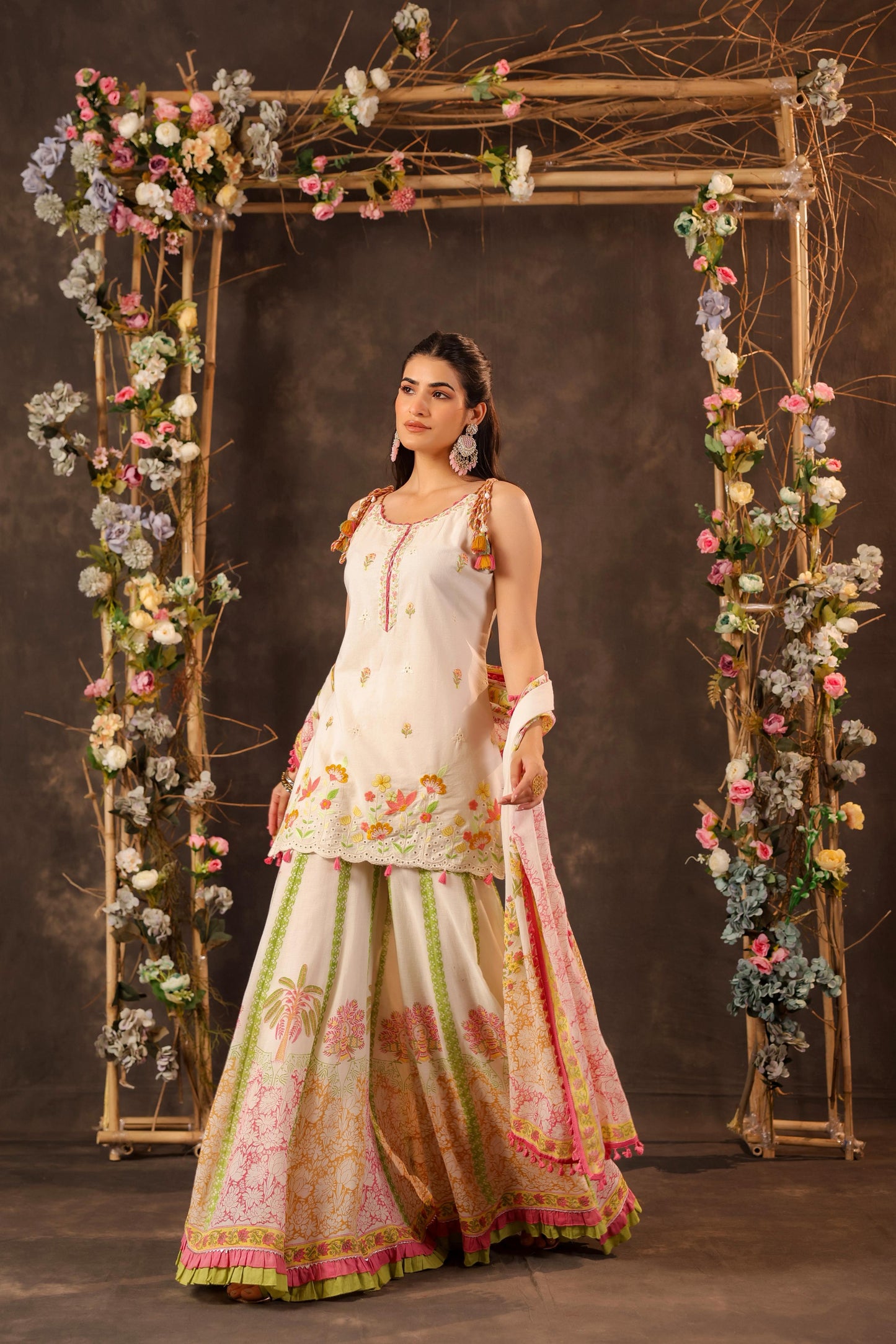 Pure Cotton Off-White & Green Sharara 3 PC Set