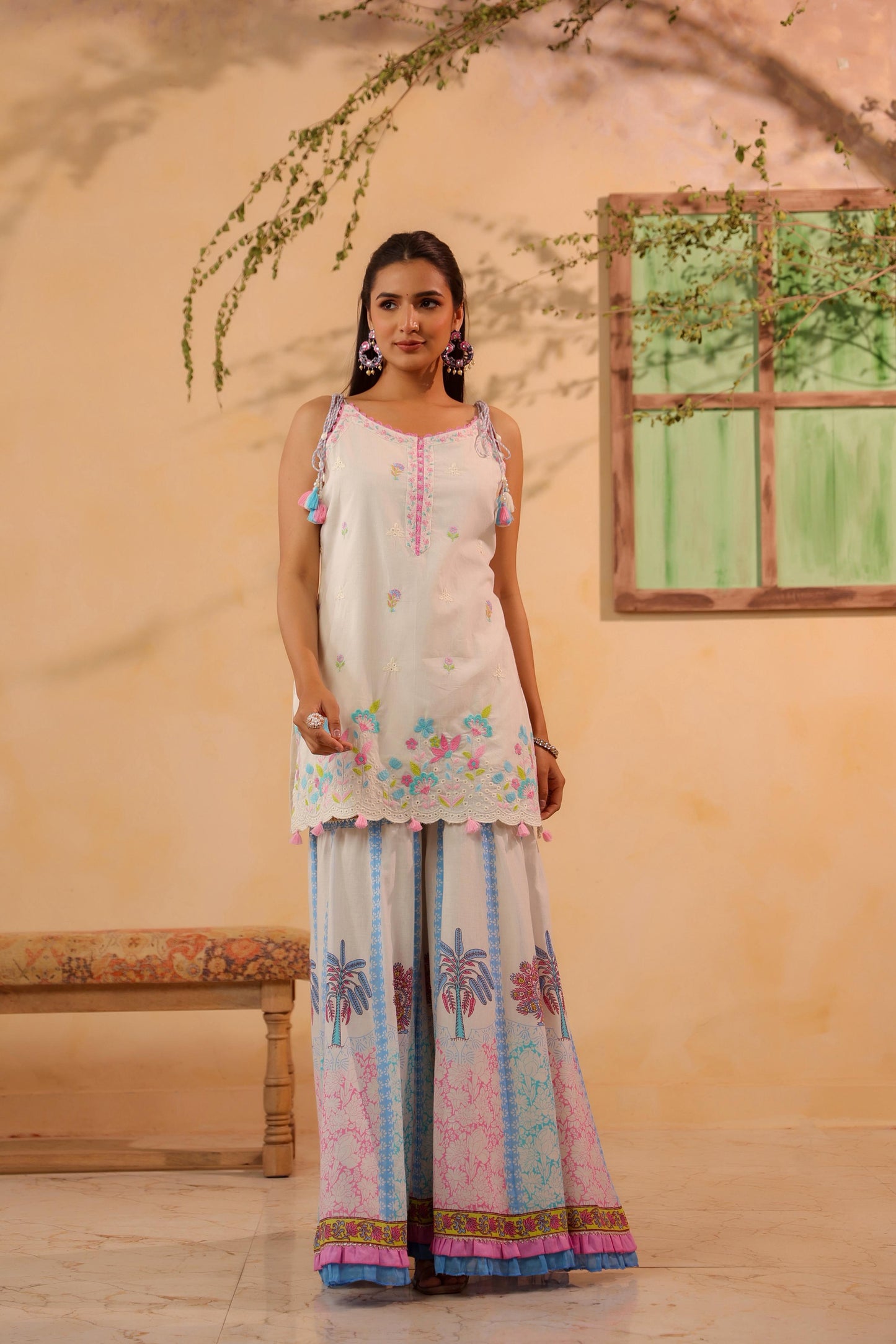 Pure Cotton Off-White & Blue Sharara 3 PC Set