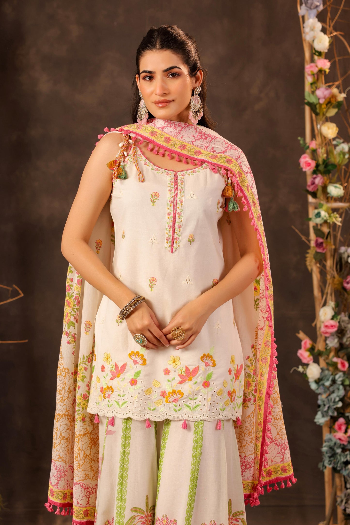 Pure Cotton Off-White & Green Sharara 3 PC Set
