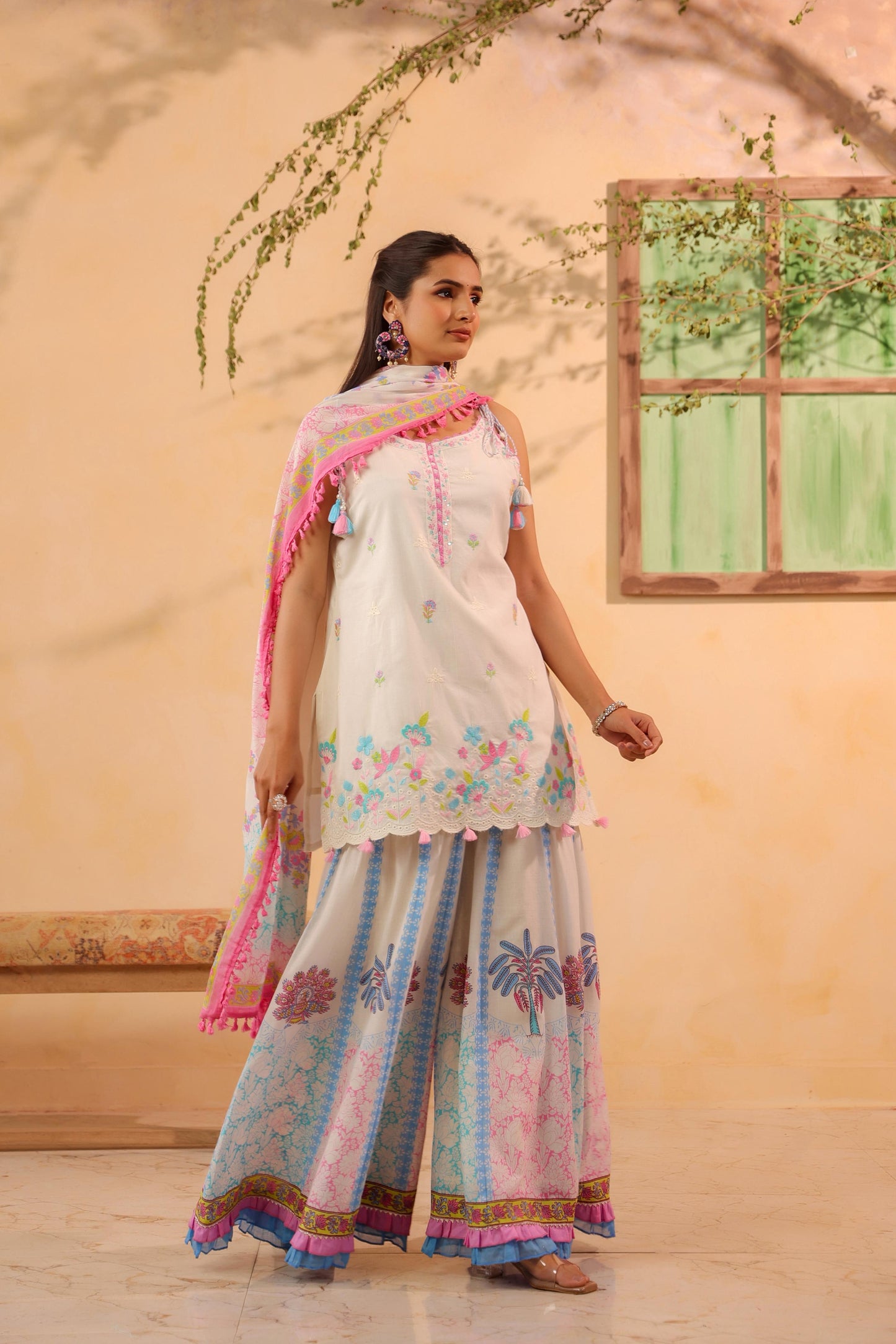 Pure Cotton Off-White & Blue Sharara 3 PC Set