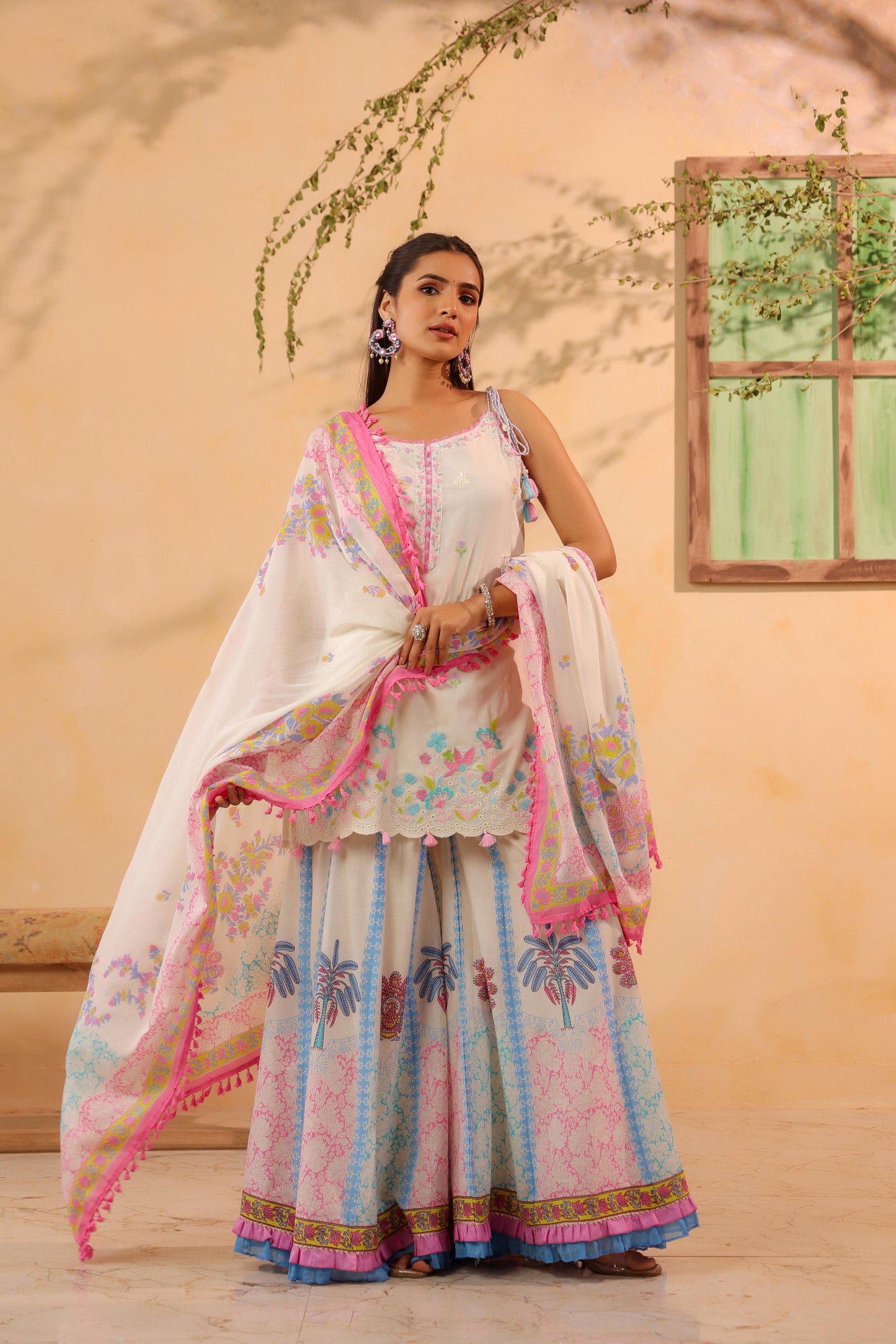 Pure Cotton Off-White & Blue Sharara 3 PC Set