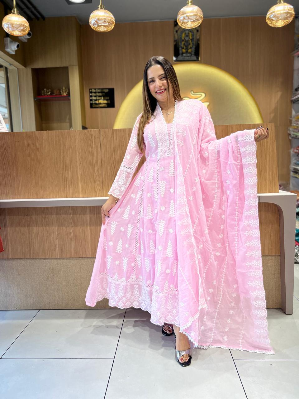 Pure Mull Cotton Pink Shoulder Anarkali 3pc Set