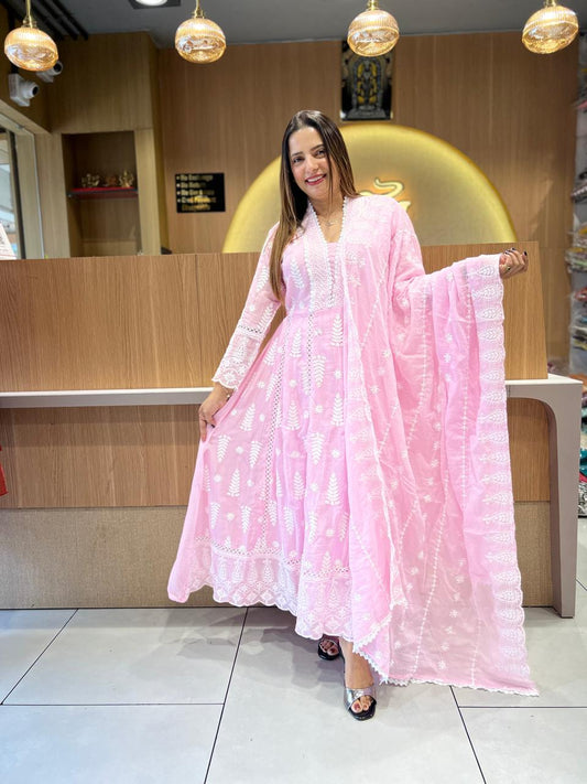 Pure Mull Cotton Pink Shoulder Anarkali 3pc Set