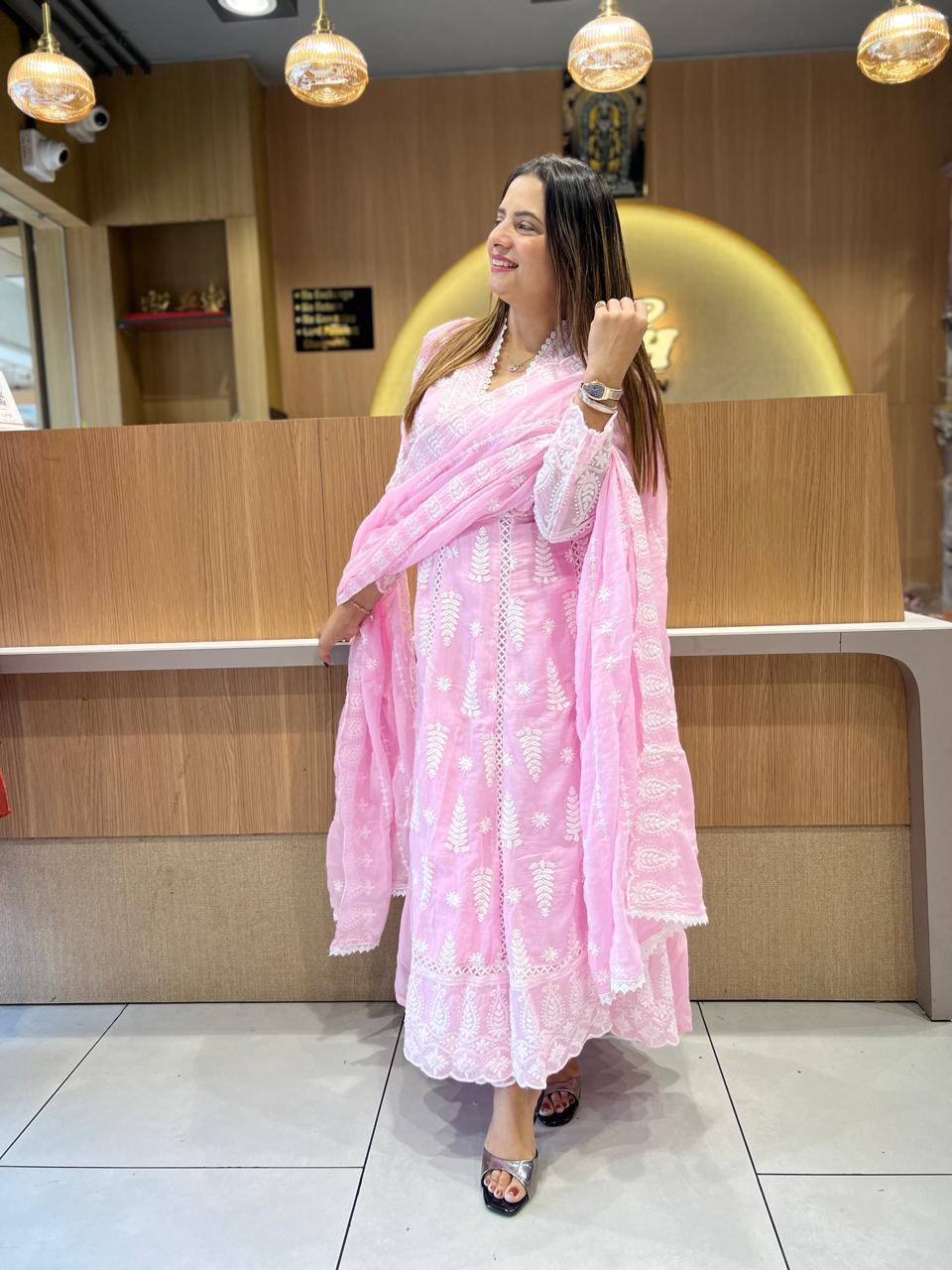 Pure Mull Cotton Pink Shoulder Anarkali 3pc Set