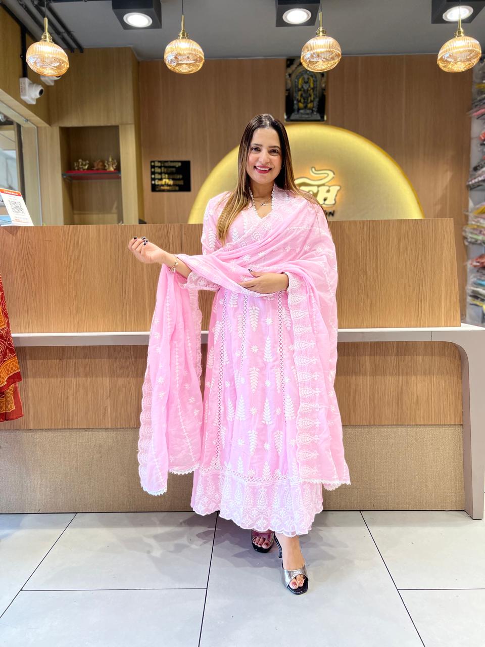 Pure Mull Cotton Pink Shoulder Anarkali 3pc Set