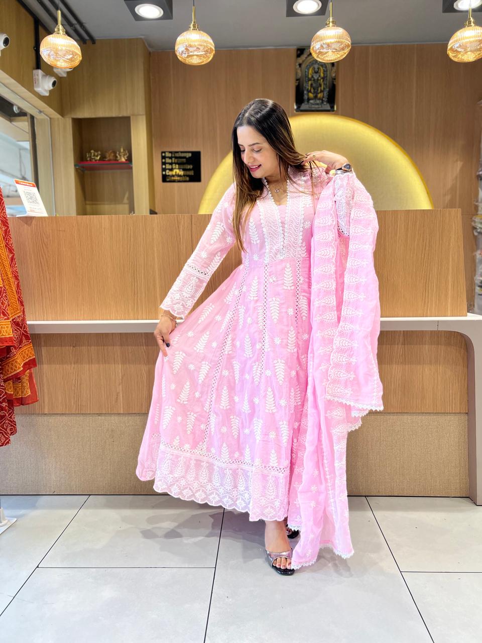 Pure Mull Cotton Pink Shoulder Anarkali 3pc Set