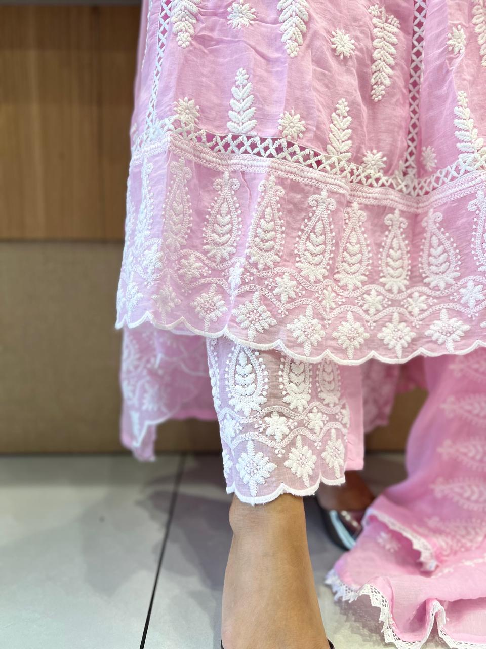 Pure Mull Cotton Pink Shoulder Anarkali 3pc Set