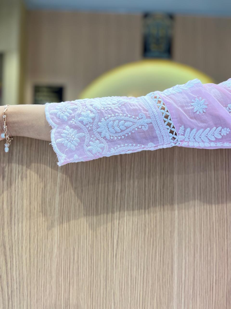 Pure Mull Cotton Pink Shoulder Anarkali 3pc Set
