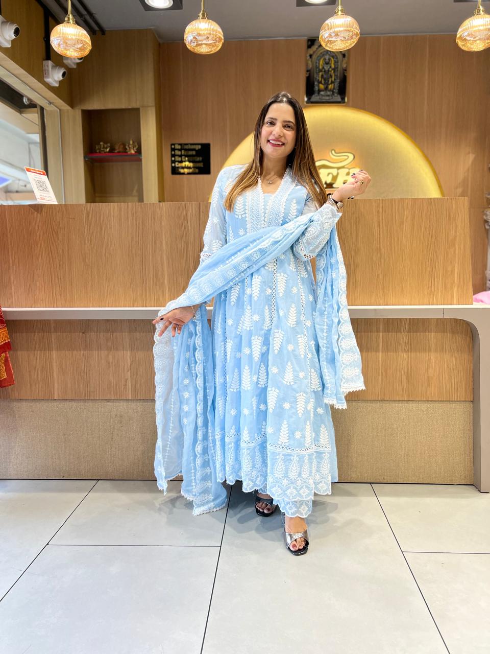 Pure Mull Cotton Blue Shoulder Anarkali 3pc Set