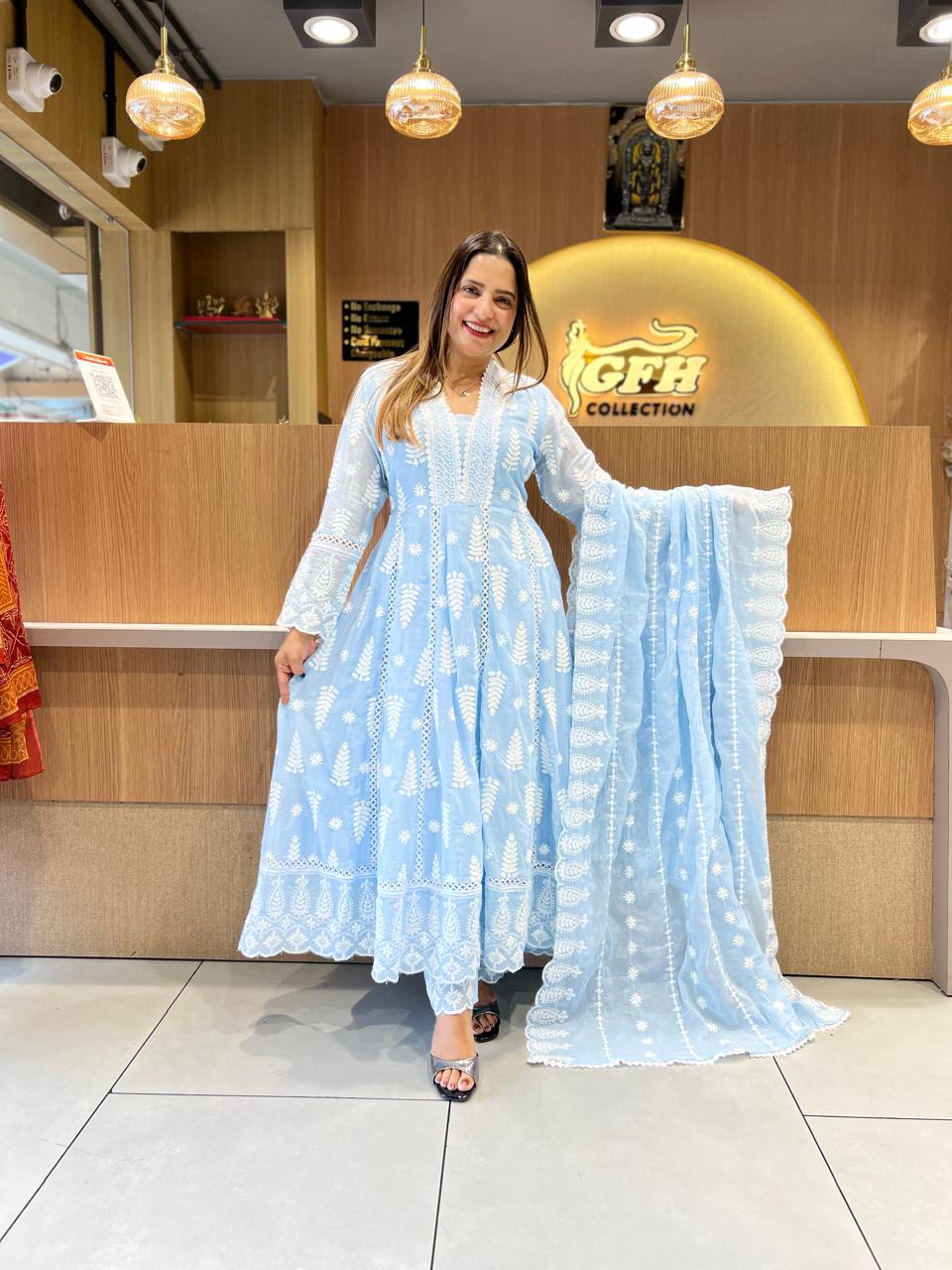 Pure Mull Cotton Blue Shoulder Anarkali 3pc Set