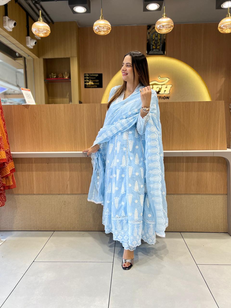 Pure Mull Cotton Blue Shoulder Anarkali 3pc Set