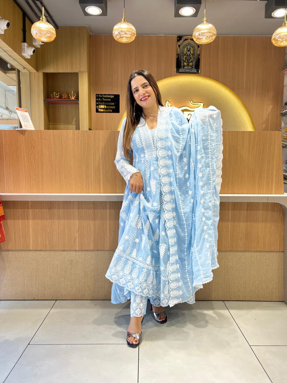 Pure Mull Cotton Blue Shoulder Anarkali 3pc Set