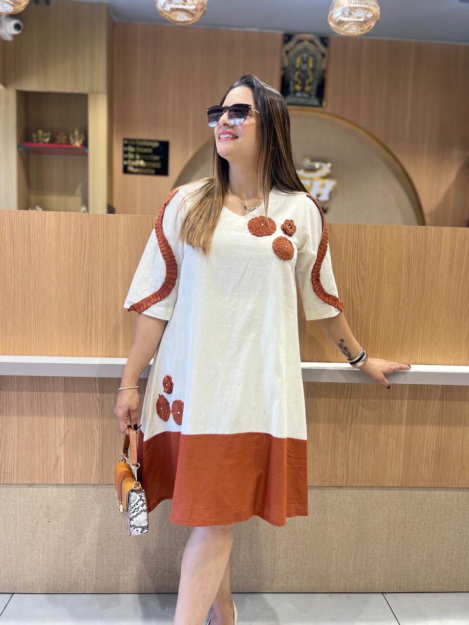 Pure Cotton Midi White & Rust orange color