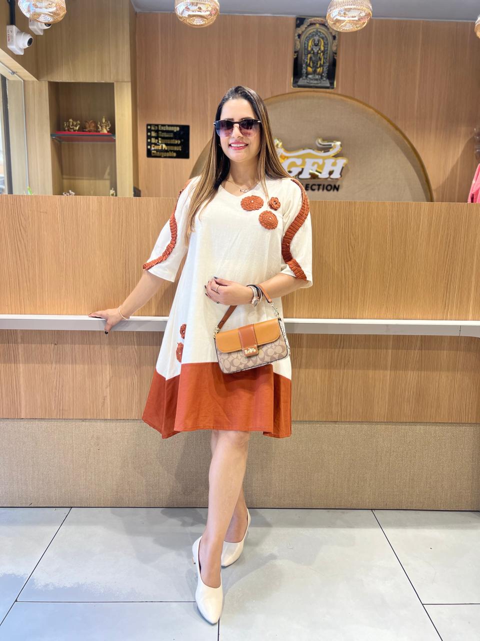 Pure Cotton Midi White & Rust orange color