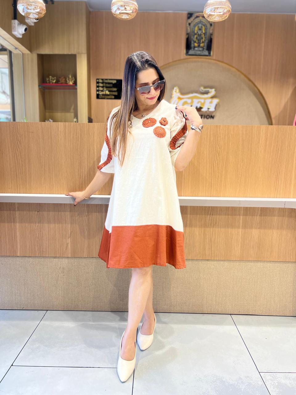 Pure Cotton Midi White & Rust orange color