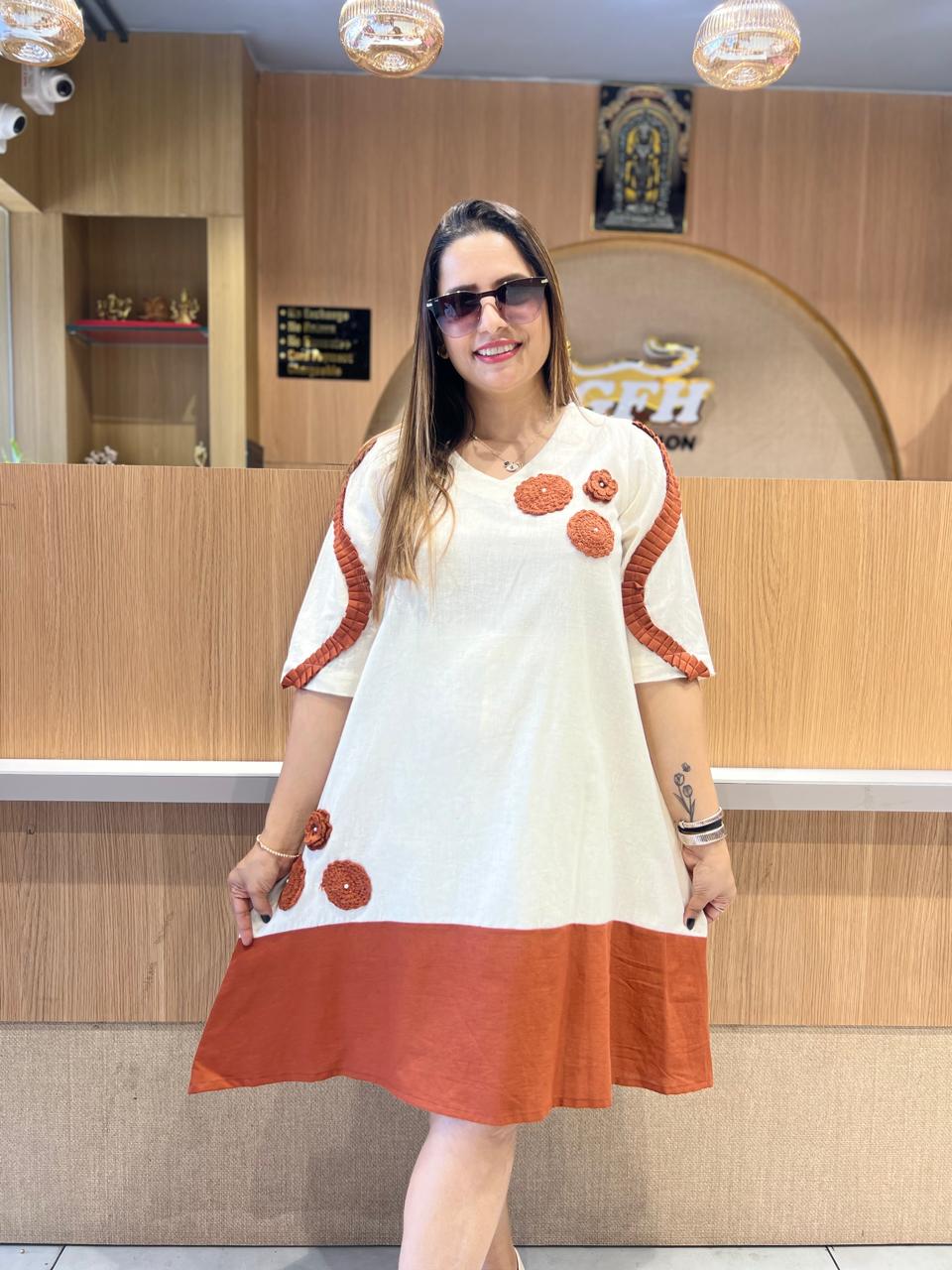 Pure Cotton Midi White & Rust orange color