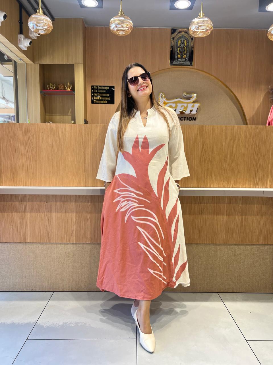 Pure Flex Cotton A- line  midi Off white color