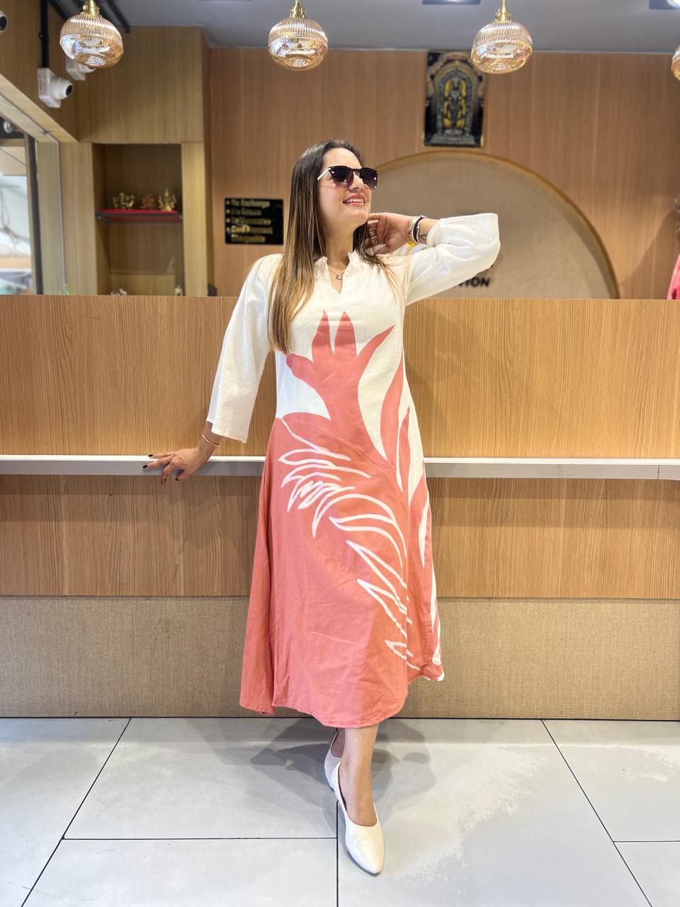 Pure Flex Cotton A- line  midi Off white color