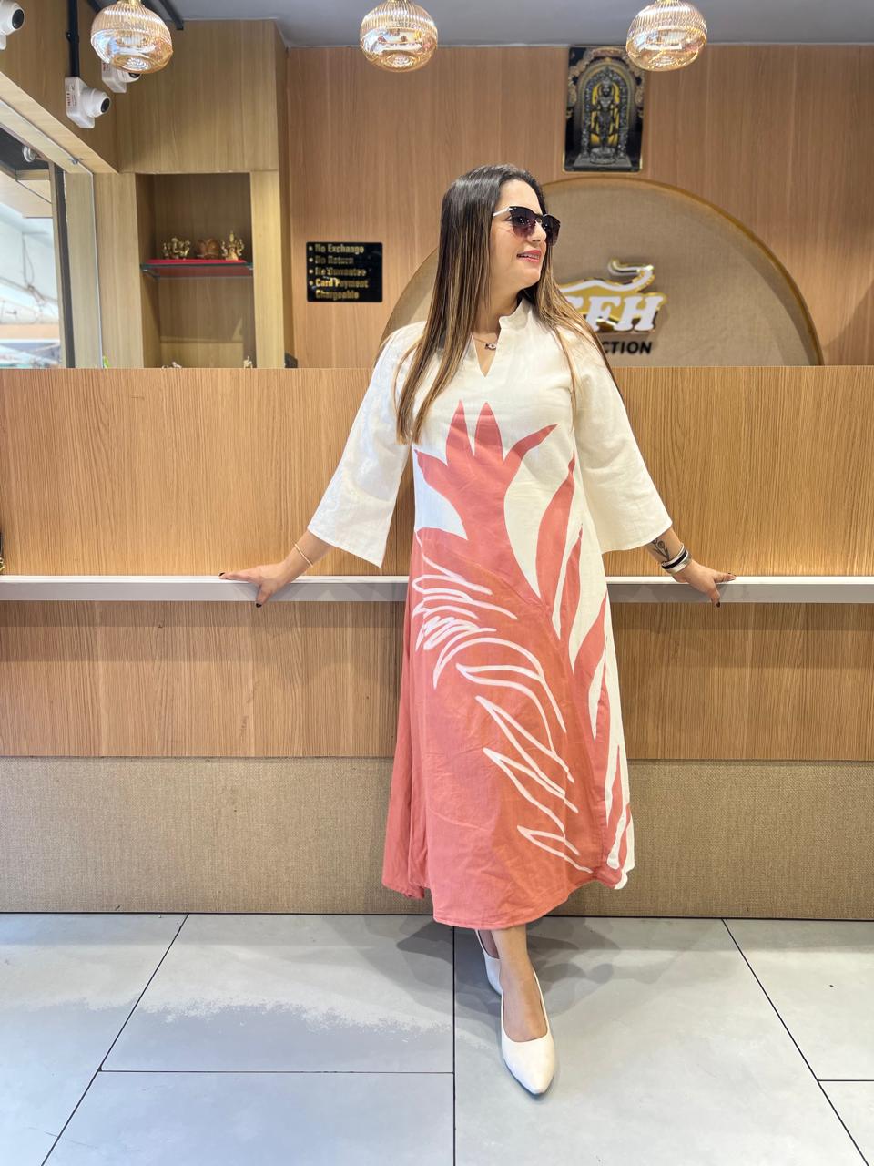 Pure Flex Cotton A- line  midi Off white color