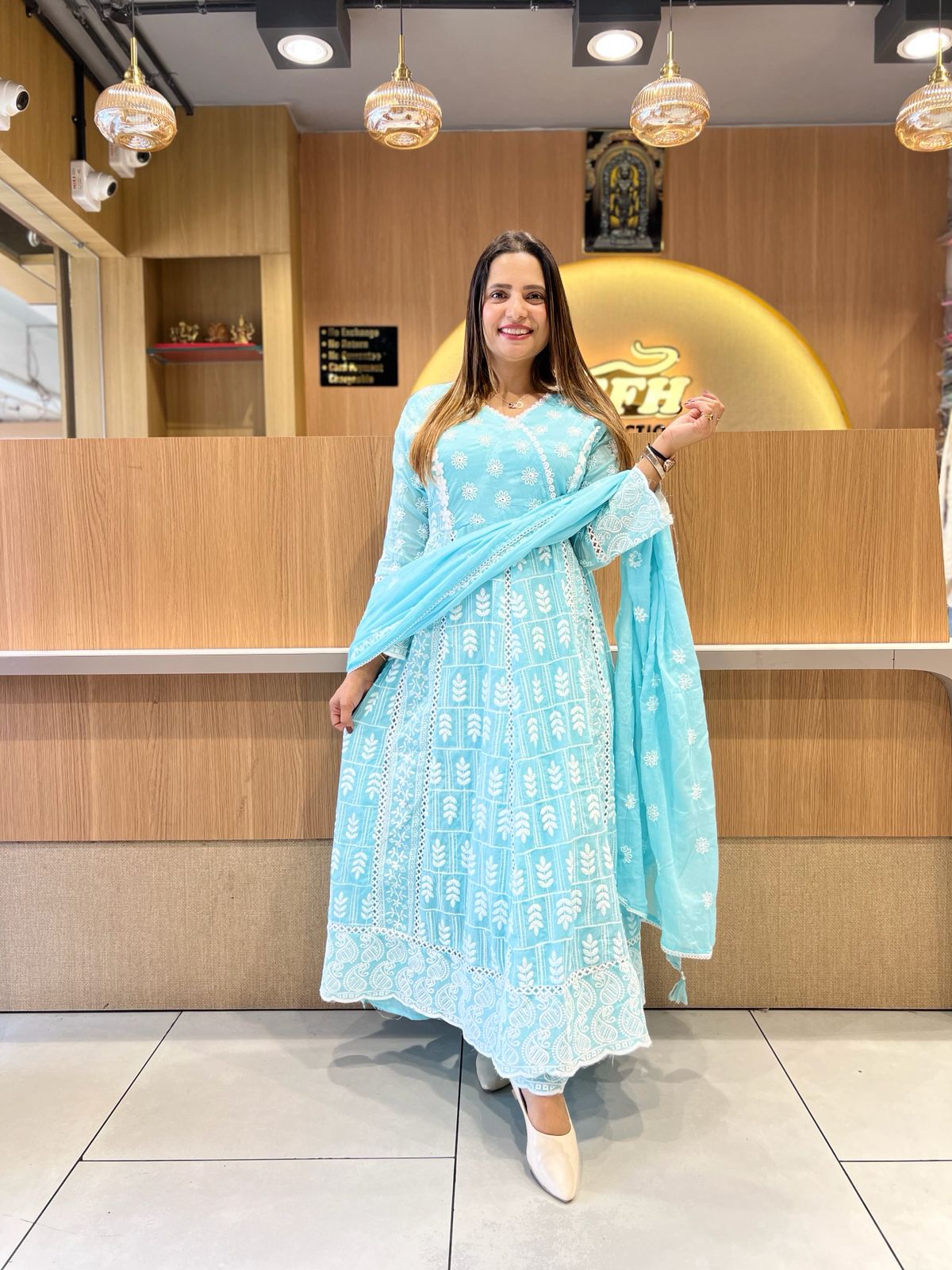 Pure Mull Cotton Sky Blue Anarkali 3pc Set