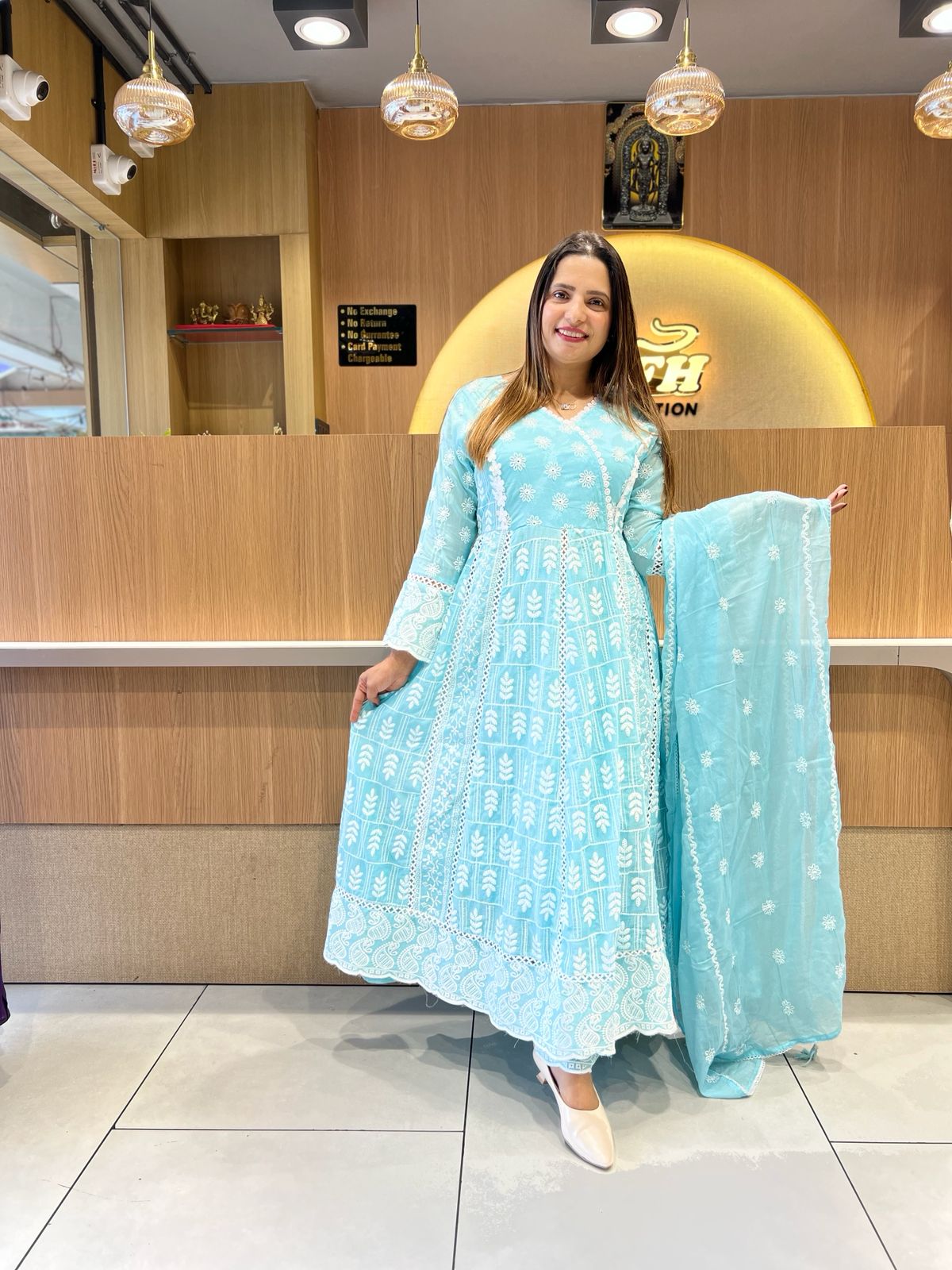 Pure Mull Cotton Sky Blue Anarkali 3pc Set