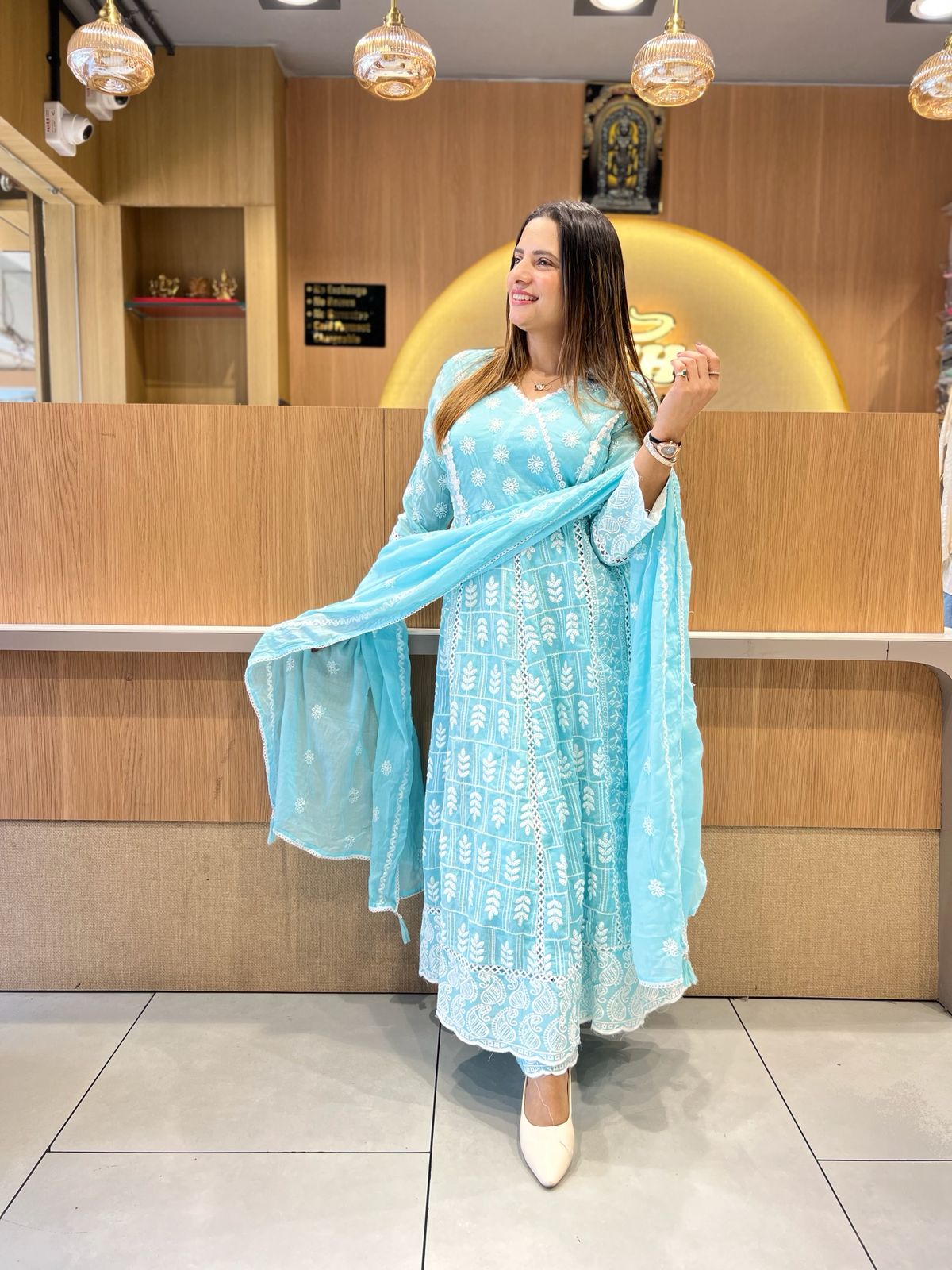 Pure Mull Cotton Sky Blue Anarkali 3pc Set