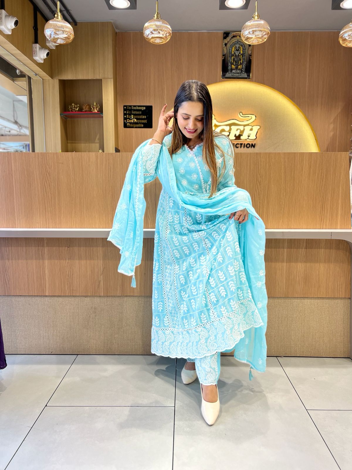 Pure Mull Cotton Sky Blue Anarkali 3pc Set
