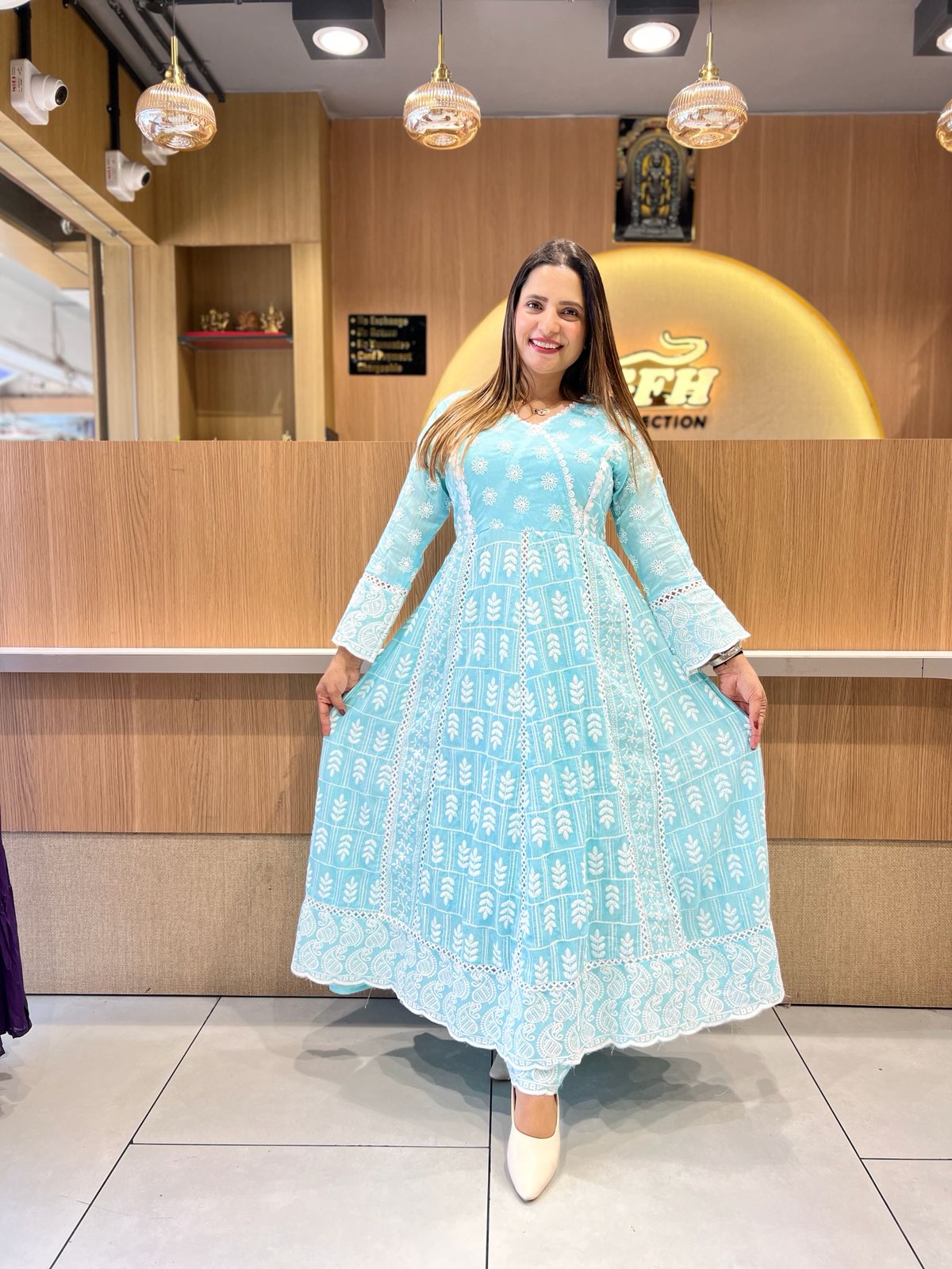 Pure Mull Cotton Sky Blue Anarkali 3pc Set