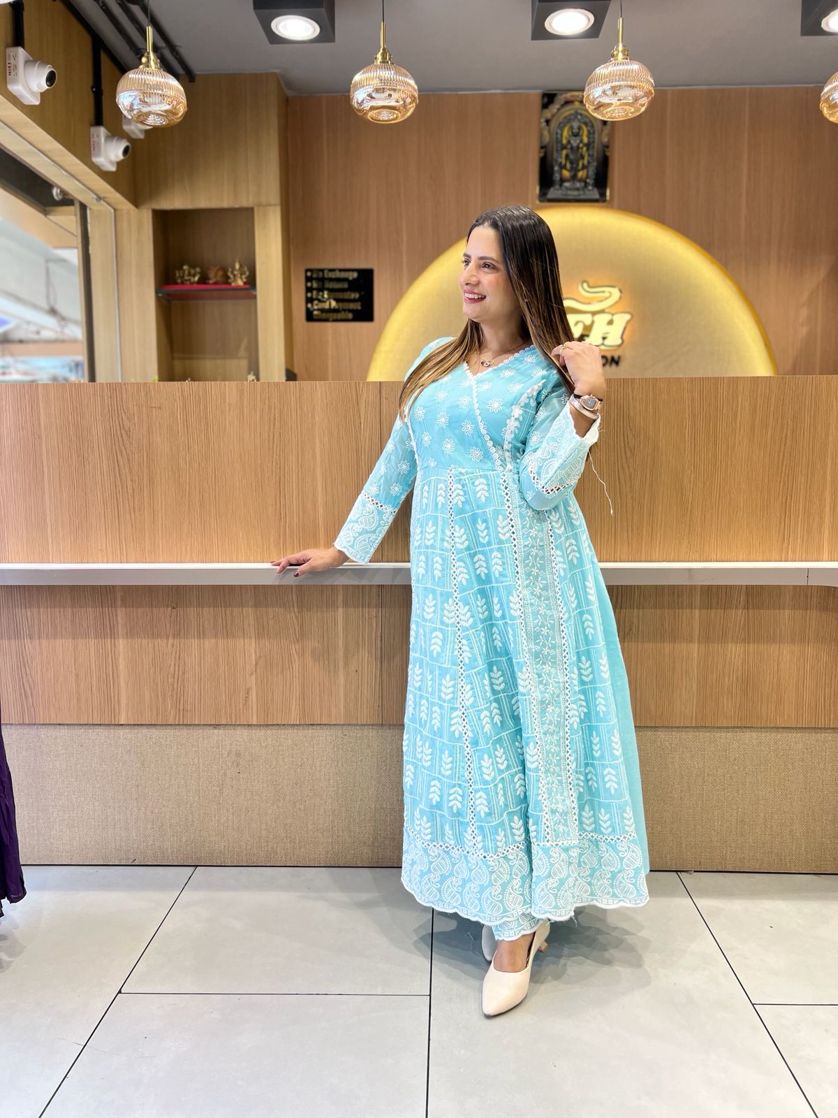 Pure Mull Cotton Sky Blue Anarkali 3pc Set
