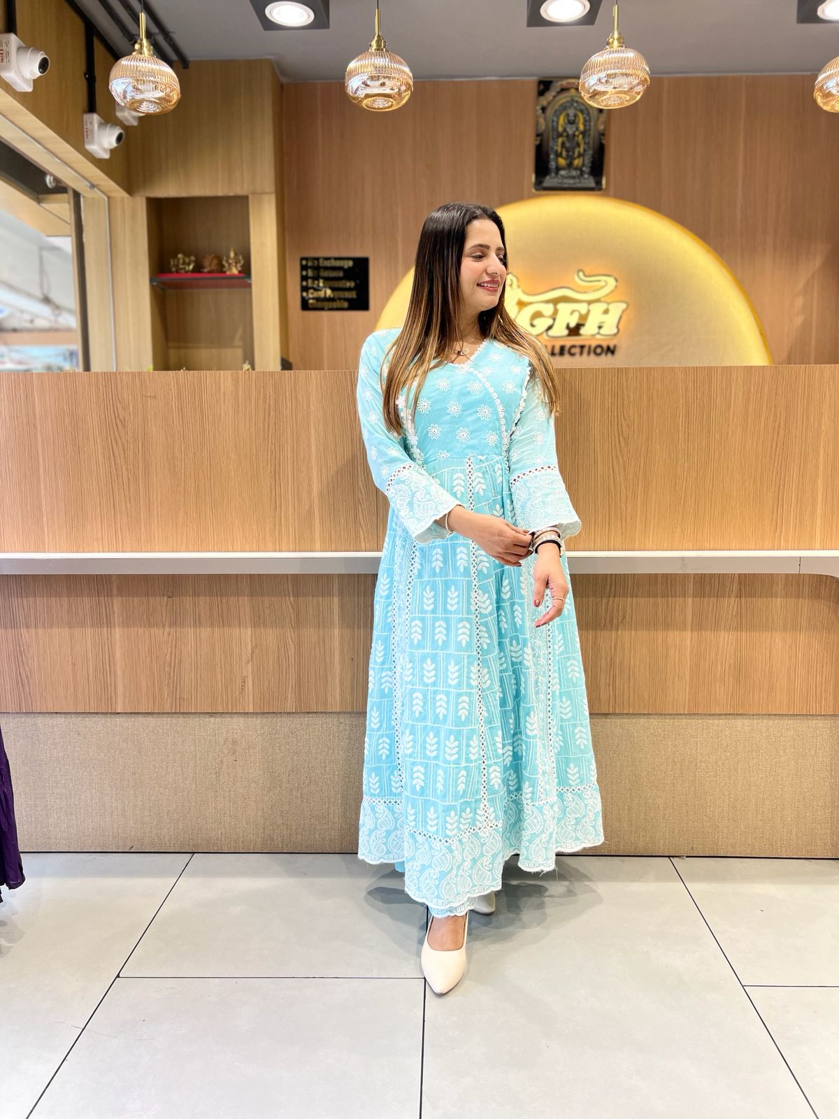 Pure Mull Cotton Sky Blue Anarkali 3pc Set