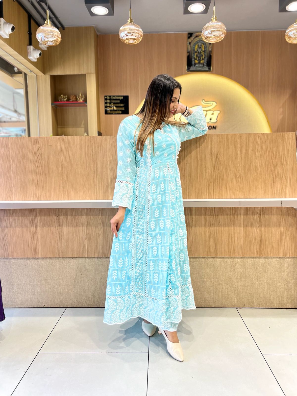 Pure Mull Cotton Sky Blue Anarkali 3pc Set