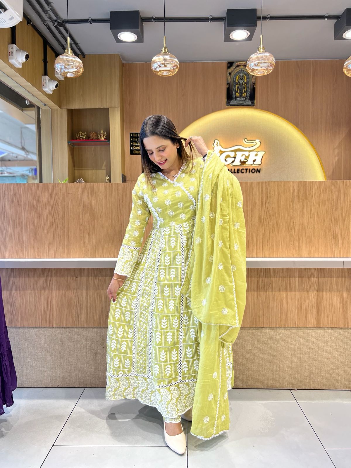 Pure Mull Cotton Neon Green Anarkali 3pc Set