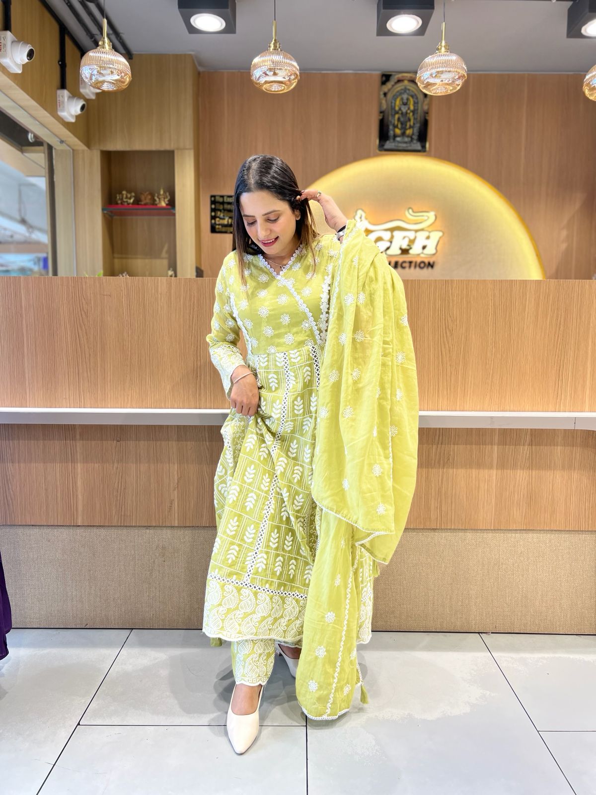 Pure Mull Cotton Neon Green Anarkali 3pc Set
