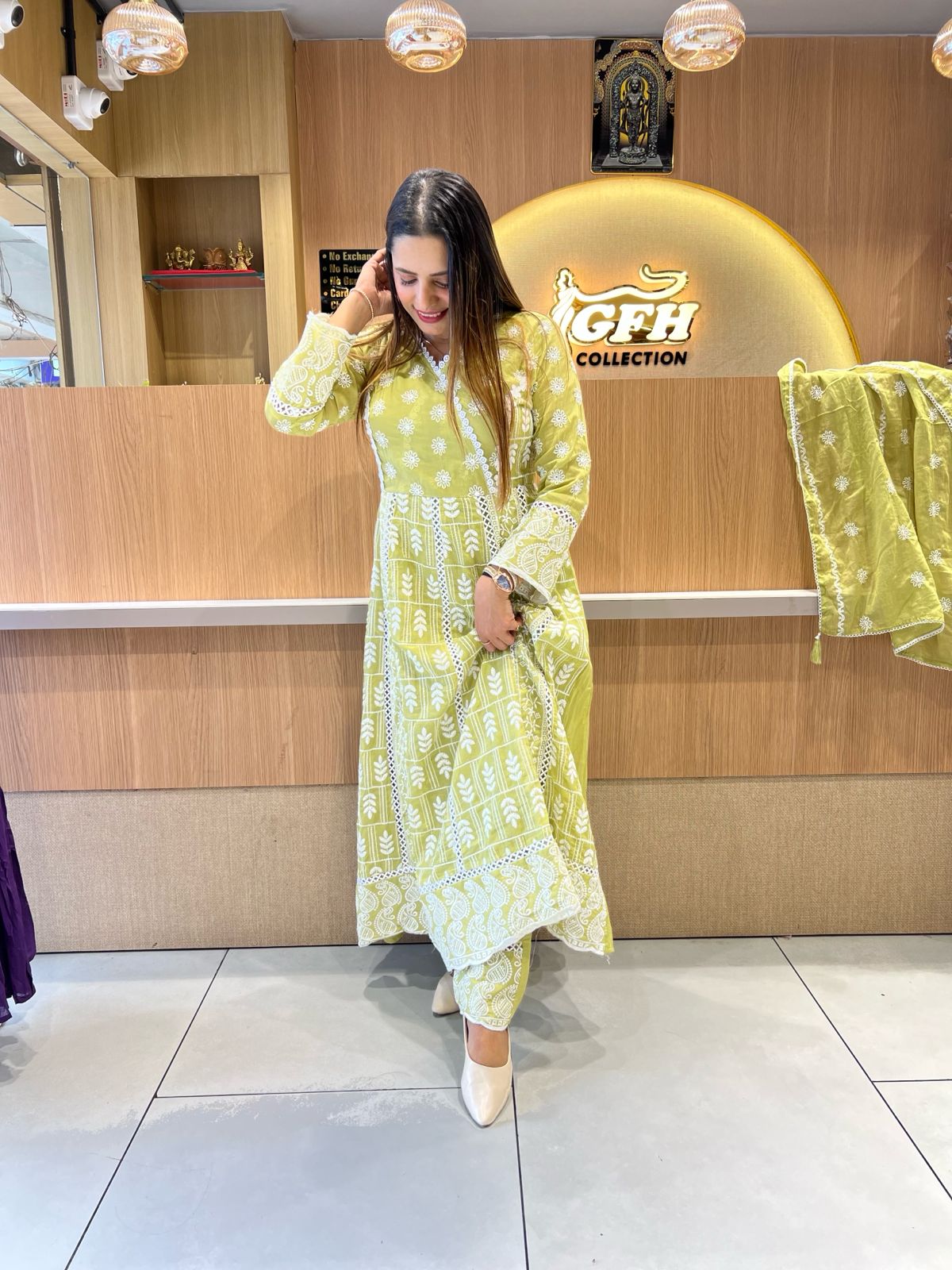Pure Mull Cotton Neon Green Anarkali 3pc Set