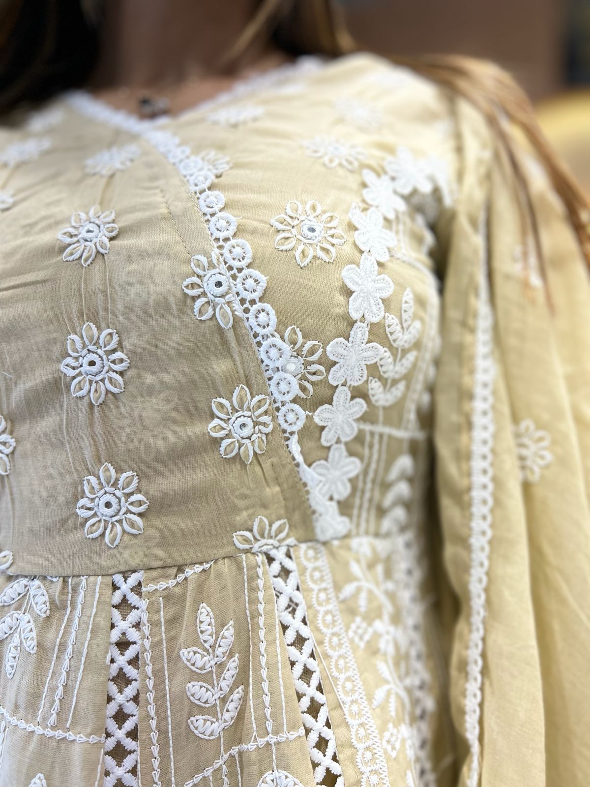 Pure Mull Cotton Butter Cream Anarkali 3pc Set