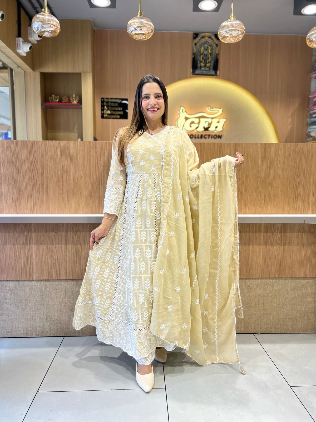 Pure Mull Cotton Butter Cream Anarkali 3pc Set