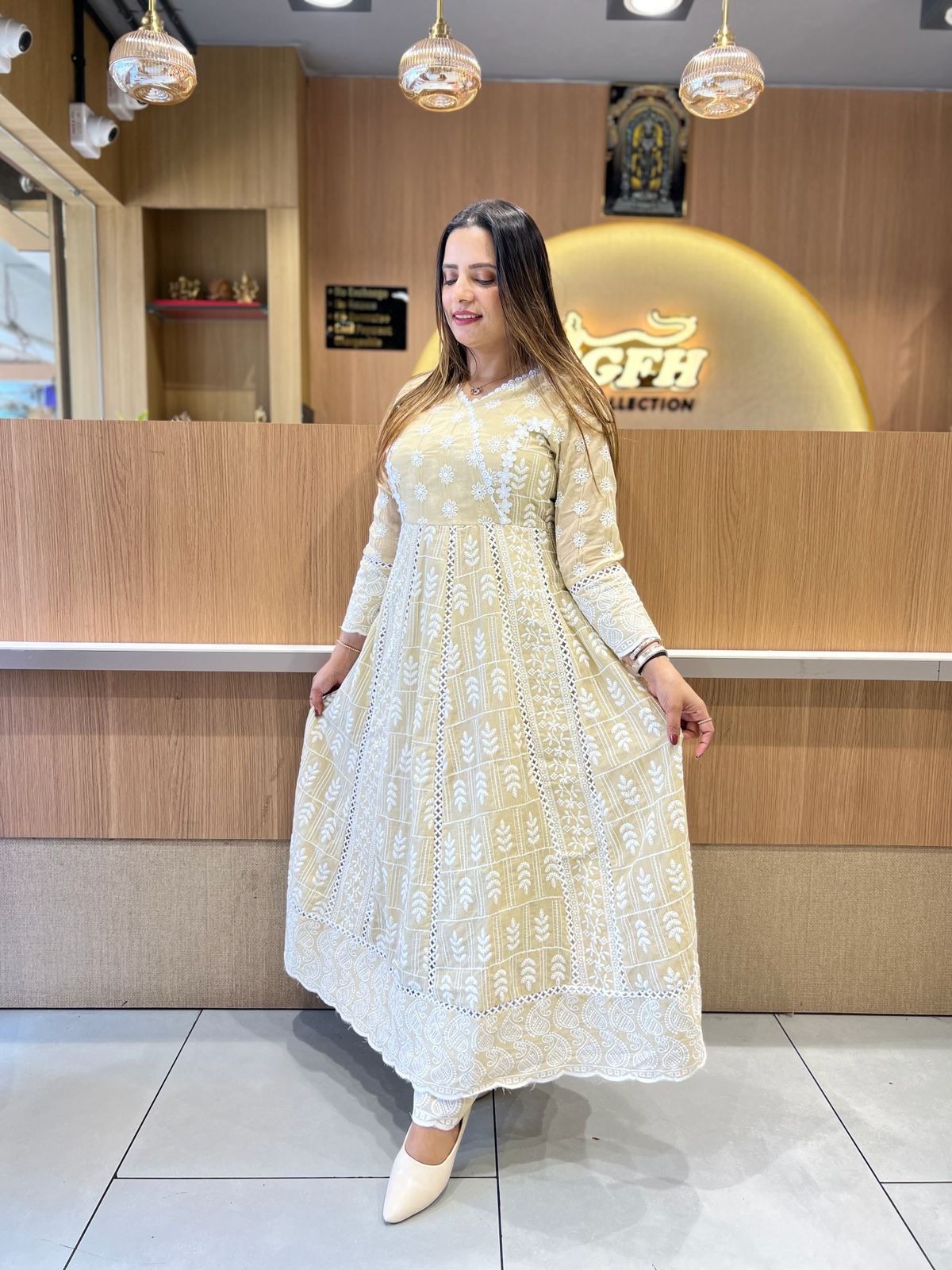 Pure Mull Cotton Butter Cream Anarkali 3pc Set