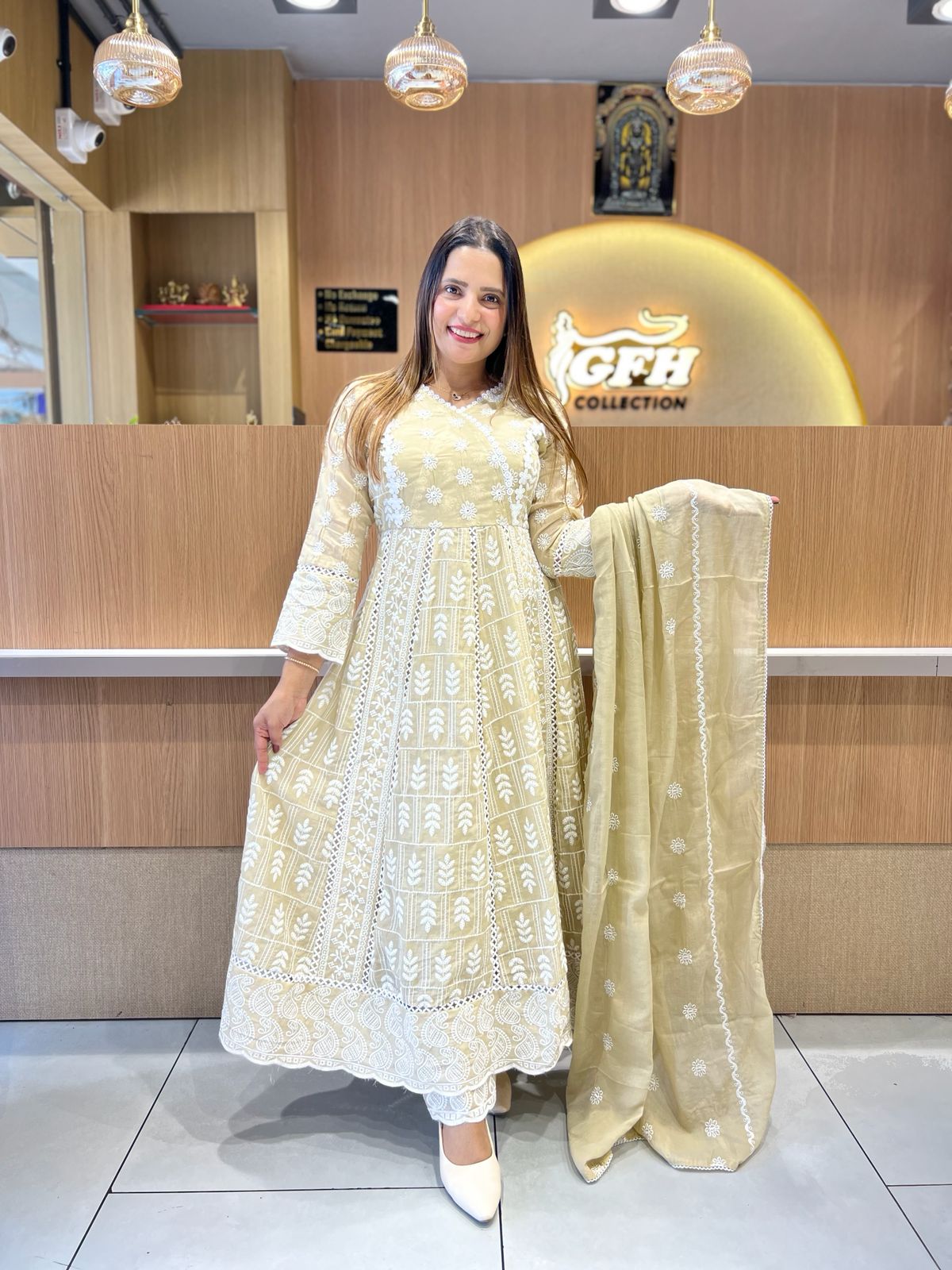 Pure Mull Cotton Butter Cream Anarkali 3pc Set