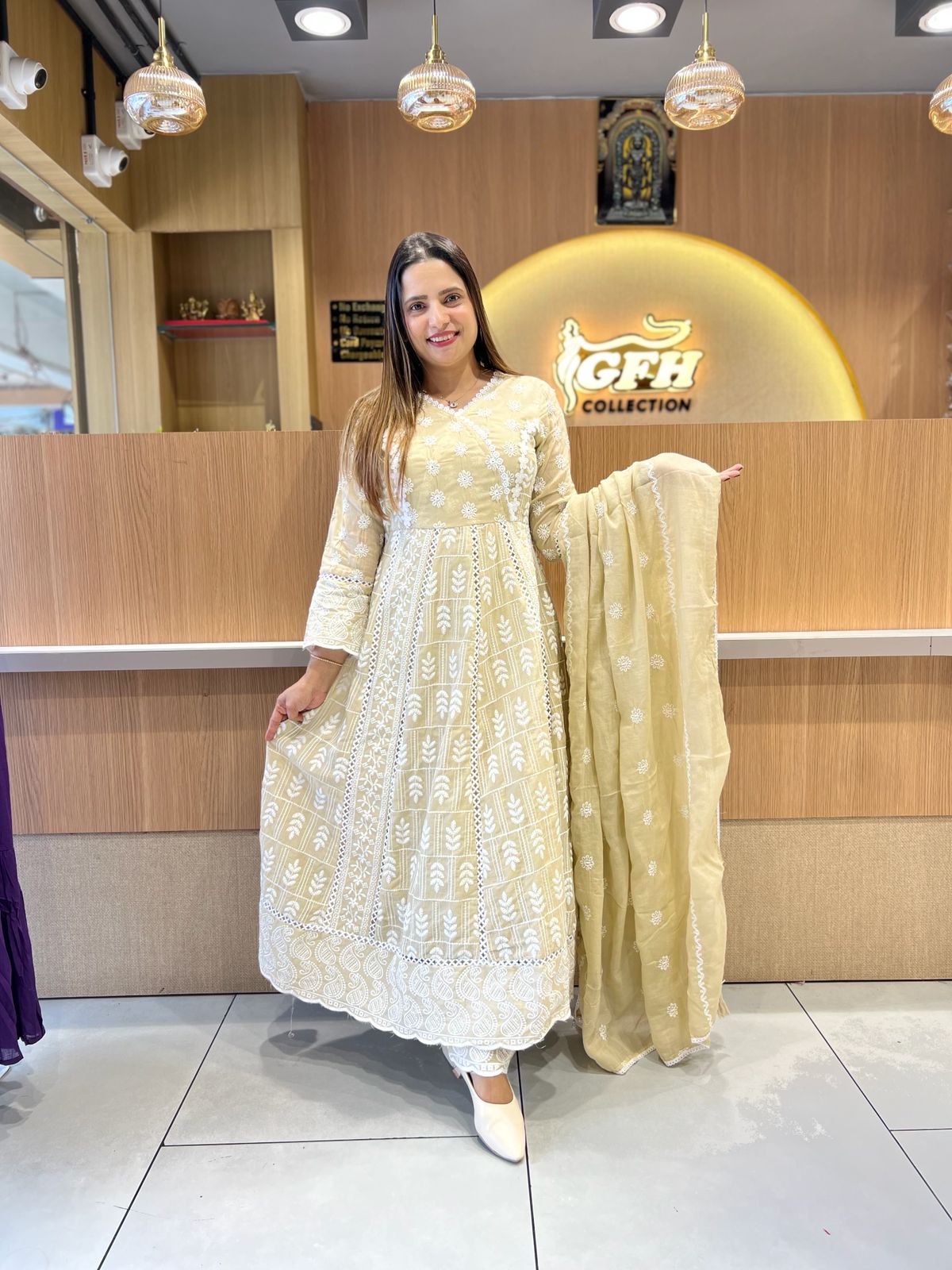 Pure Mull Cotton Butter Cream Anarkali 3pc Set