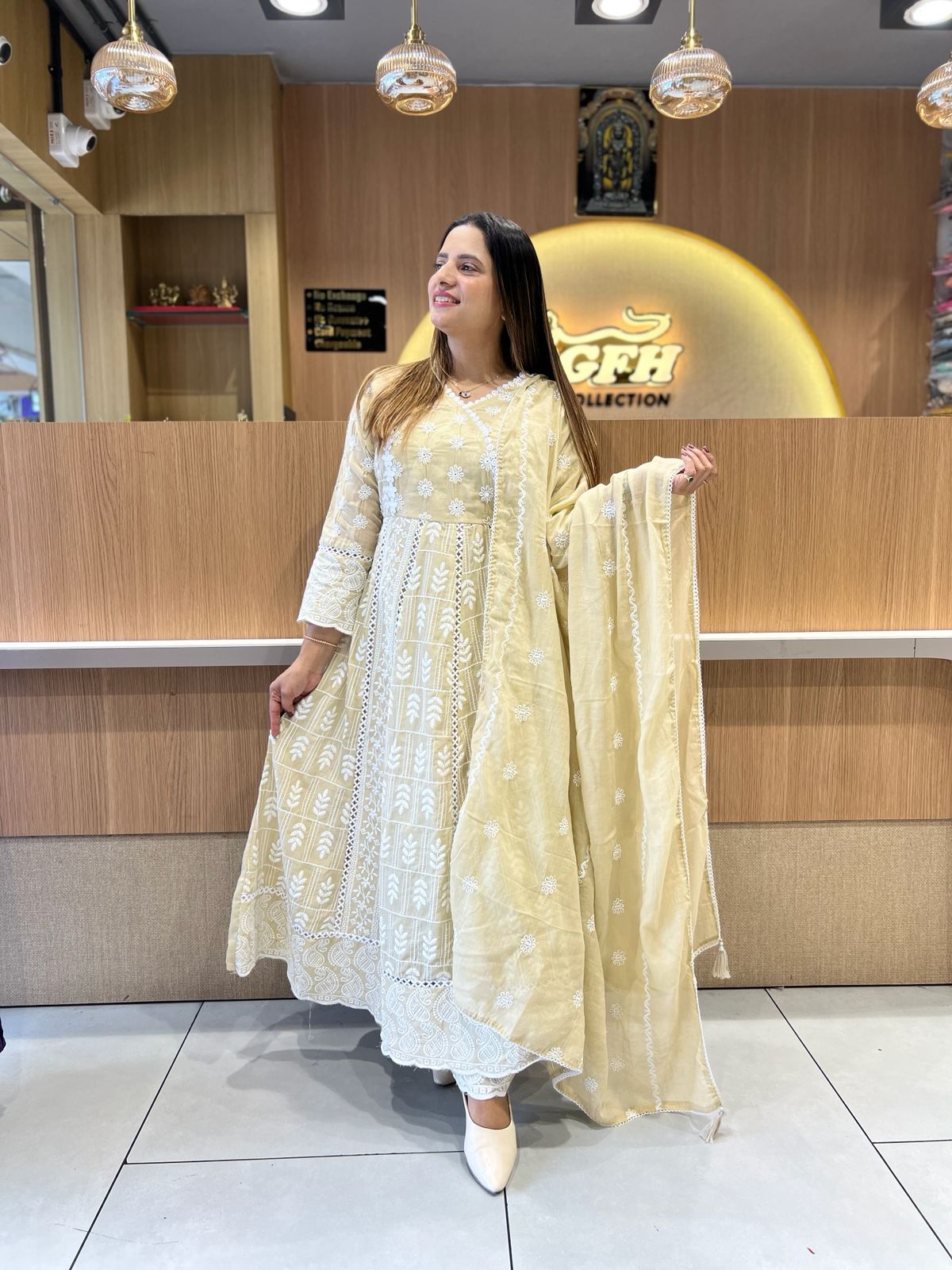 Pure Mull Cotton Butter Cream Anarkali 3pc Set