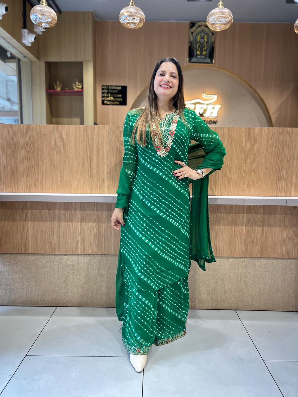 Pure Georgette Lehariya Plazzo 3 Pc set (Green Color)