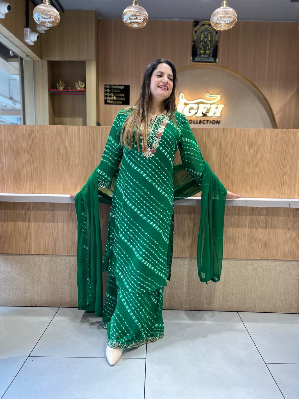 Pure Georgette Lehariya Plazzo 3 Pc set (Green Color)