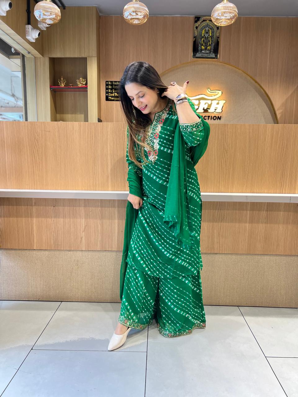 Pure Georgette Lehariya Plazzo 3 Pc set (Green Color)