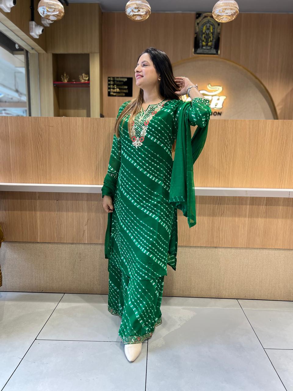 Pure Georgette Lehariya Plazzo 3 Pc set (Green Color)
