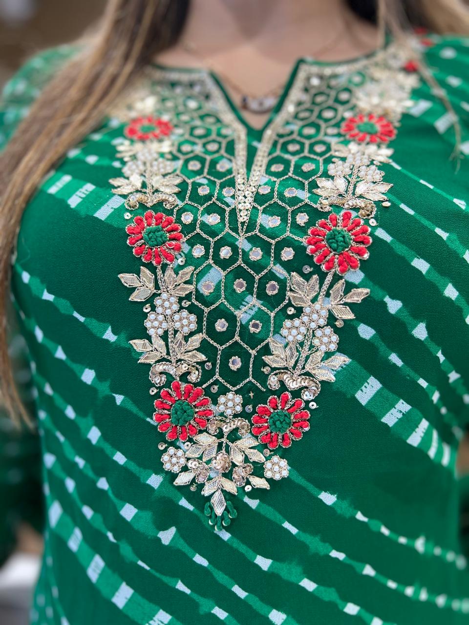 Pure Georgette Lehariya Plazzo 3 Pc set (Green Color)