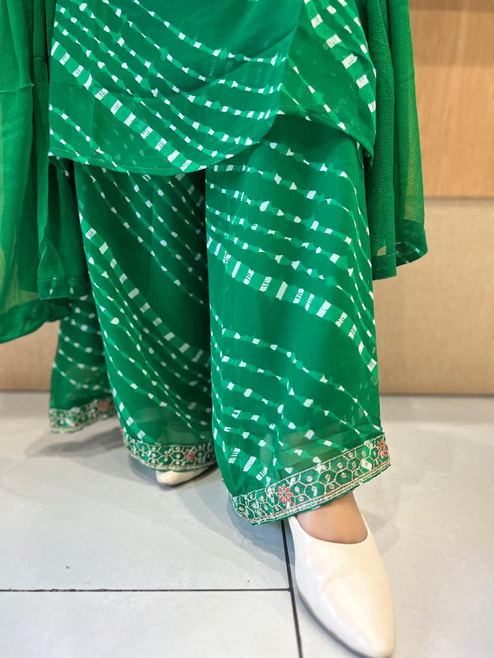 Pure Georgette Lehariya Plazzo 3 Pc set (Green Color)
