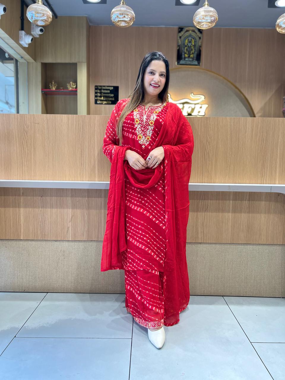 Pure Georgette Lehariya Plazzo 3 Pc set (Red Color)